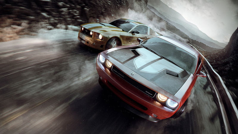 land vehicle, high angle view, Dodge Challenger, road, black, motion, motor vehicle, nature, red, luxury, blurred motion, day, wet, mode of transportation