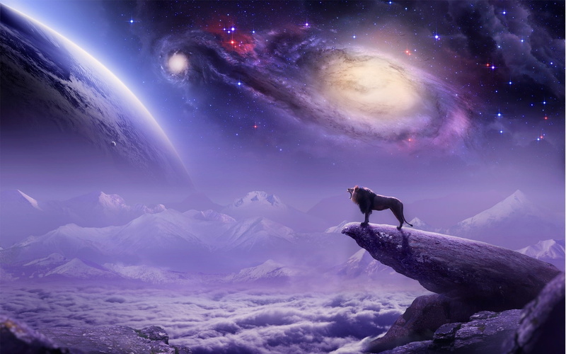 lion, mountains, airbrushed, digital art, clouds, 1080P, painting, landscape, galaxy