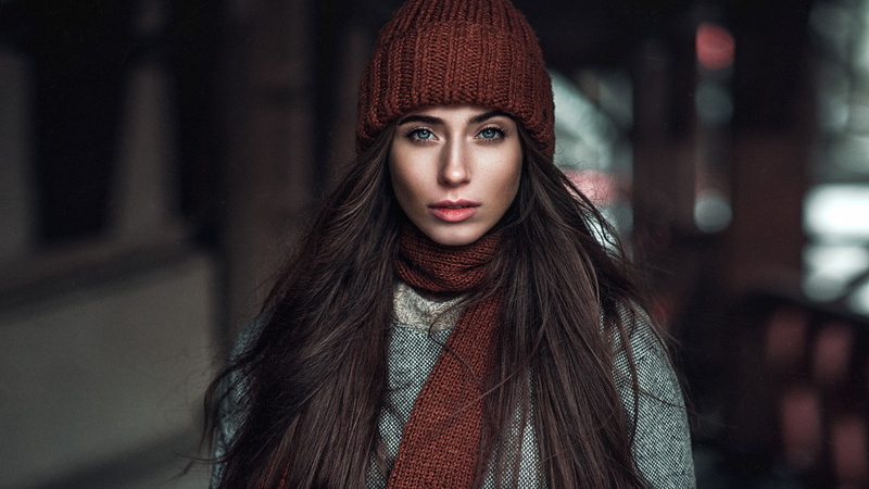 winter, young adult, fashion, 1080P, one person, red, airbrushed, hair, adolescence, city, beauty, beautiful woman, looking at camera, clothing, hat, portrait