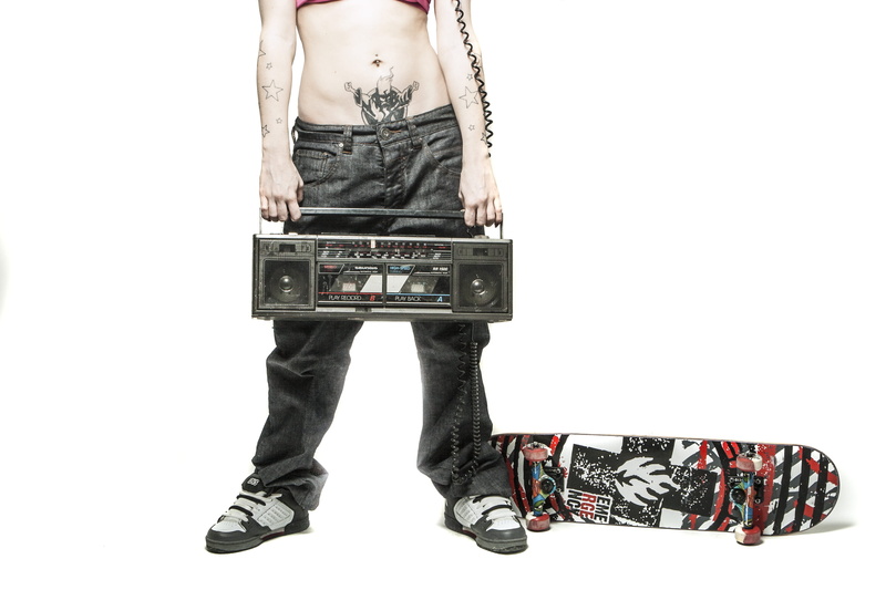 cut out, radio, casual clothing, arts culture and entertainment, women, front view, one person, skateboard, person, girl, boombox, studio shot, shoe, ghettoblaster