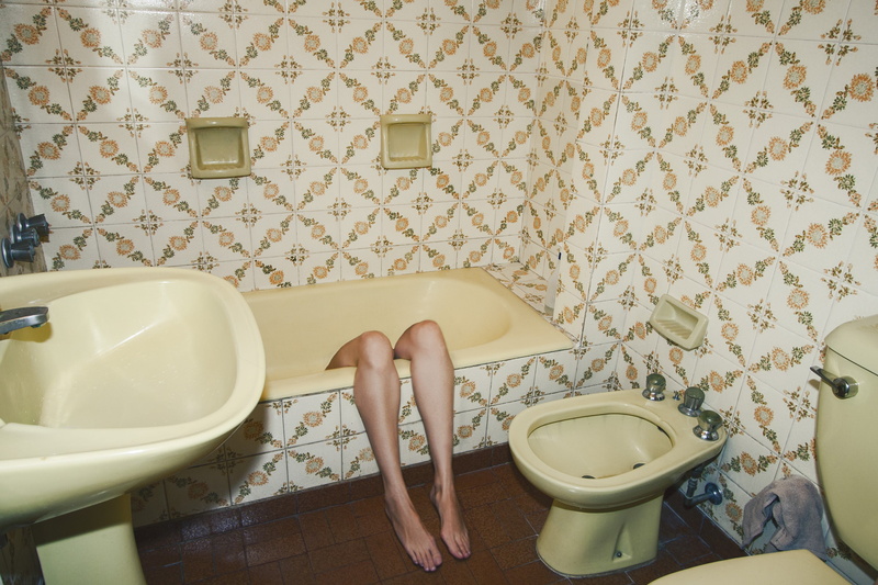 white, bathtub, chair, low section, sink, real people, legs, toilet, indoors, women, human body part, human leg, human foot, lifestyles, home, floral pattern