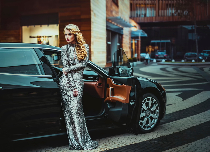 young women, car, lifestyles, adult, hairstyle, motor vehicle, built structure, street, black, standing, the city, transportation, woman, women, Maserati Quattroporte