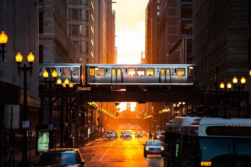car, buses, sunset, orange, time, metro, Adam Alexander, city, train, 1080P, lantern, architecture, urban, Chicago, street, sunlight, USA, street light
