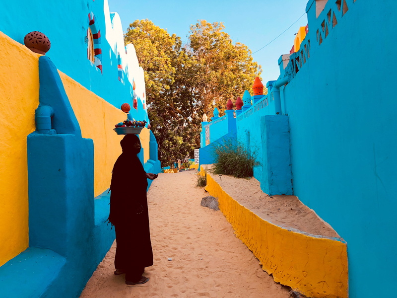 day, aswan, lady, local, yellow, color, plant, tree, architecture, 4K, silhouette, walking, sunlight, building exterior, people, person, built structure