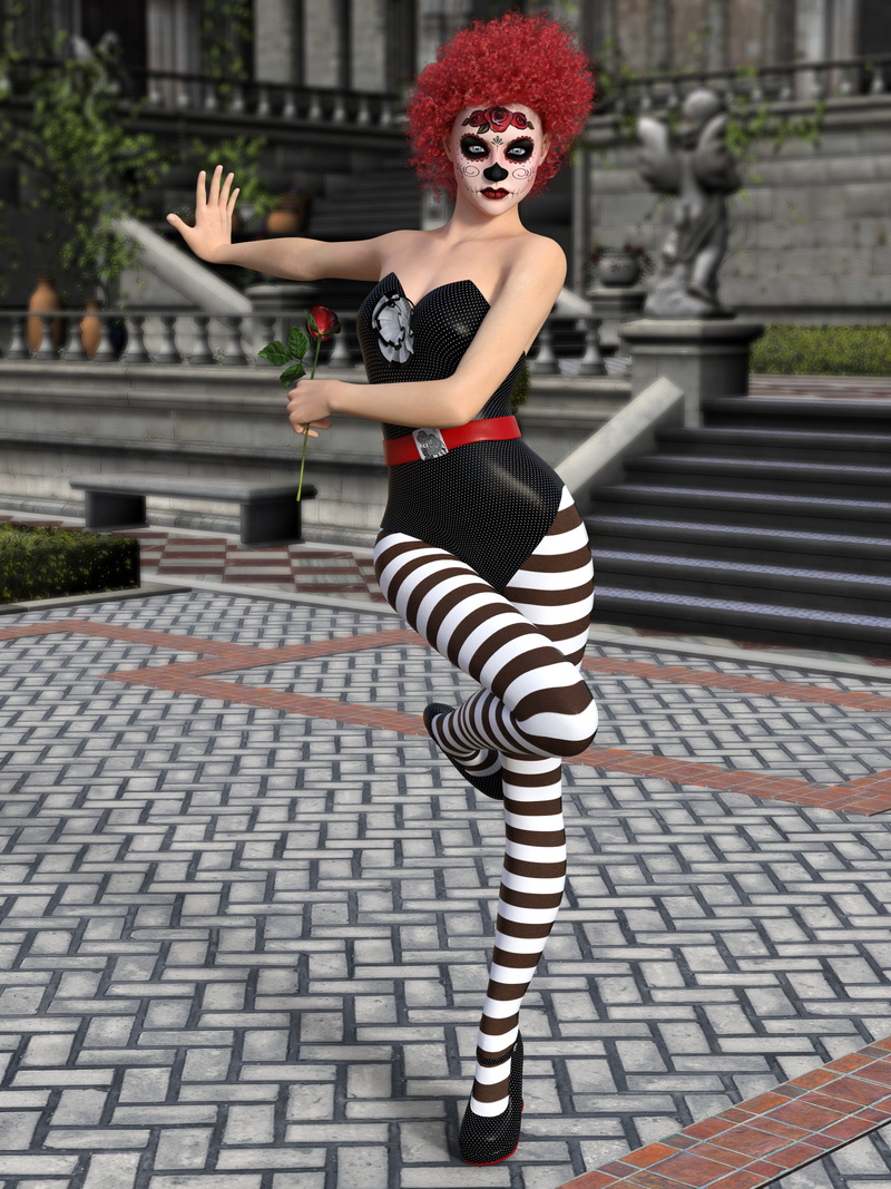 leisure activity, pretty, portrait, render, stairs, model, beauty, looking at camera, rendering, harlequin, visualization, expression, full length, young