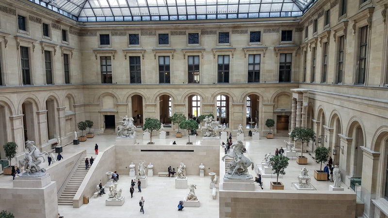 building exterior, incidental people, real people, louvre, group of people, statues, tourism, high angle view, building, architecture, inside, courtyard