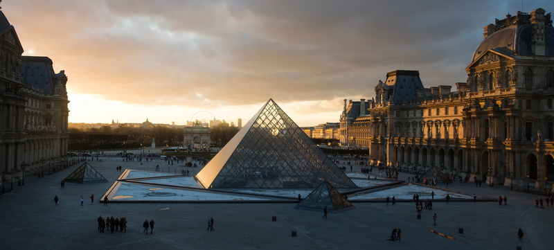 building, sunset, tourism, pyramid, built structure, the past, tower, dusk, architecture, travel destinations, cityscape, sky, france, incidental people