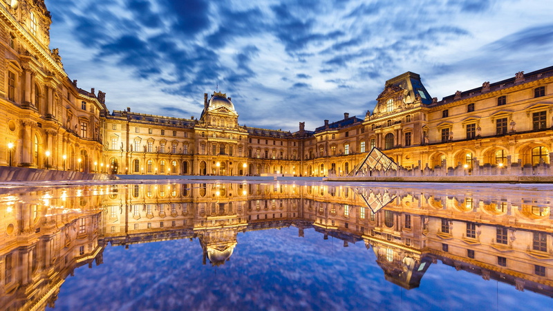 evening, museum, history, illuminated, travel destinations, landmark, outdoors, nature, louvre, the past, building exterior, reflection, city, cloud - sky