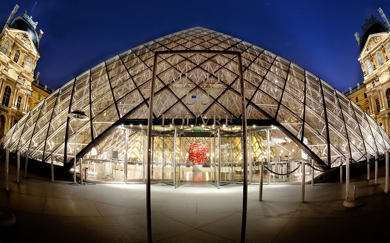 hd, 1080P, louvre, pyramid, night, architecture, lights, paris, fisheye, the, buildings