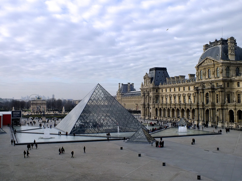 building exterior, city, 5K, group of people, louvre museum, facade, brown, incidental people, beside, square, travel destinations, cloud - sky, history