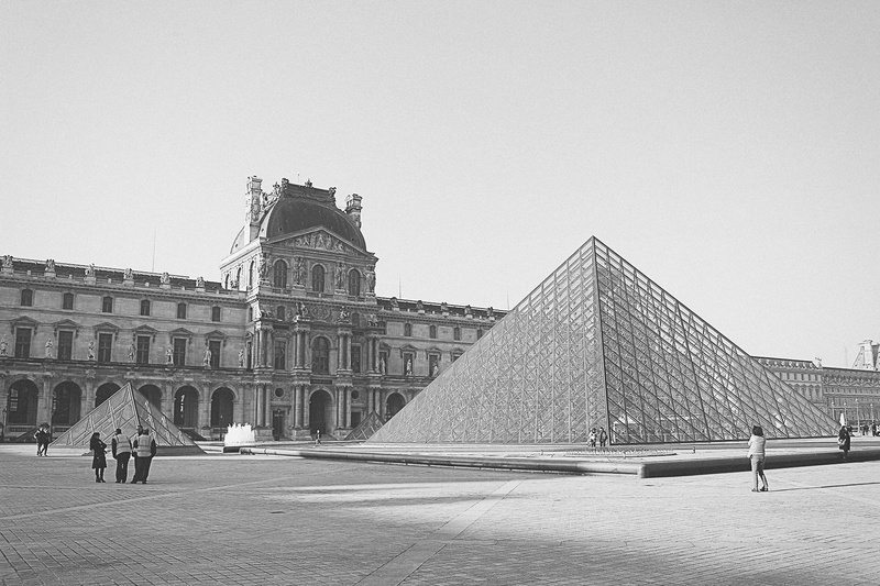 built structure, art, architecture, outdoors, incidental people, louvre, the past, tourism, grayscale, sky, no people, history, pyramid, The Louvre, person