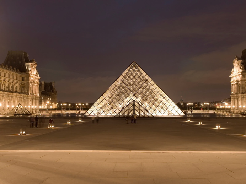 built structure, World, night, illuminated, museum, Cityscapes, pyramid shape, paris, pyramide, building exterior, louvre pyramide paris, 720P, government