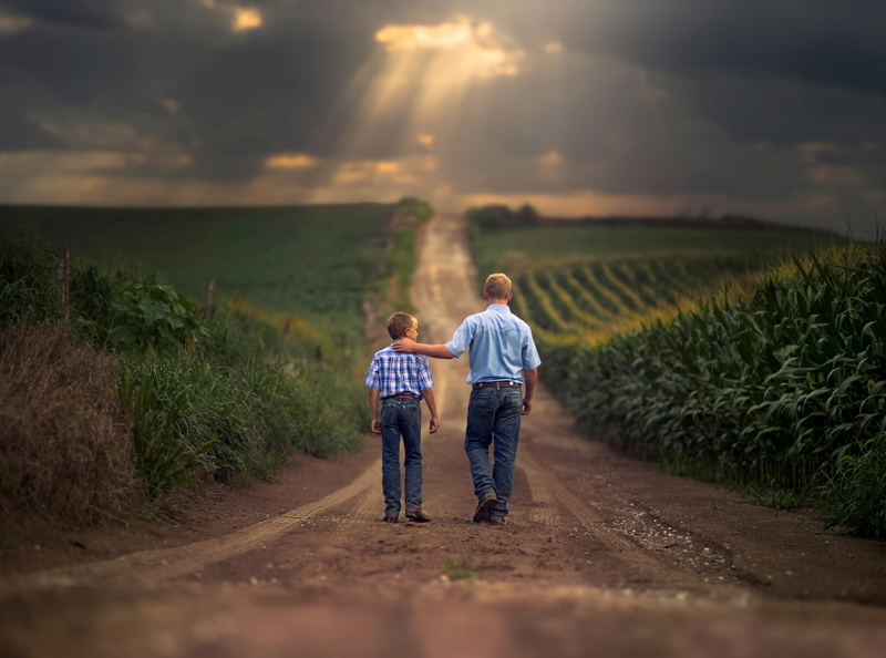 rear view, son, teal, casual clothing, field, sky, child, outdoors, love, 1080P, s, road, togetherness, collared, landscape, bonding, two people, father