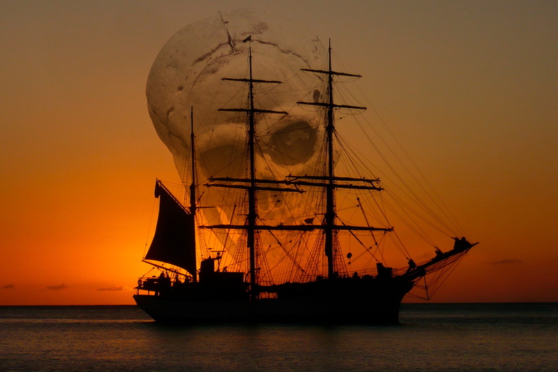 transport, against light, beach, mar, orange color, pirates ship, nature, mast, sailing, nautical vessel, pirate, vessel, waterfront, outdoors, afternoon