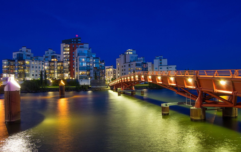 connects, downtown District, orange, waterfront, cityscape, water, connection, steel bridge, illuminated, twilight, skyscraper, no people, famous Place
