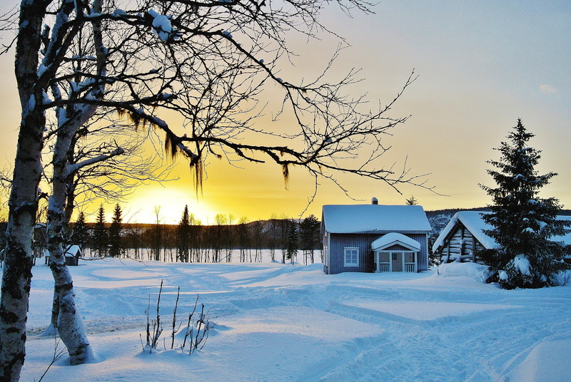 tranquility, snow, cabin, environment, sky, nature, sunset, house, beauty in nature, cold temperature, winter, north, tree, outdoors, no people, norrland