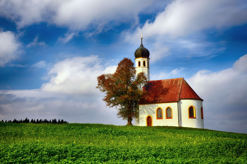 outdoors, Stille, religion, Oberbayern, autumn, history, grass field, cross, Kirche, Deutschland, Feld, famous Place, sky, clouds, chapel, Kapelle, architecture