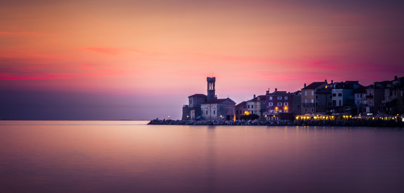 pink, clouds, lighted, Wasser, buildings, piran, 5K, body, water, sea, orange, dusk, body of water, night, sky, Sunset, Wolken, Slovenia, orange sky, calm