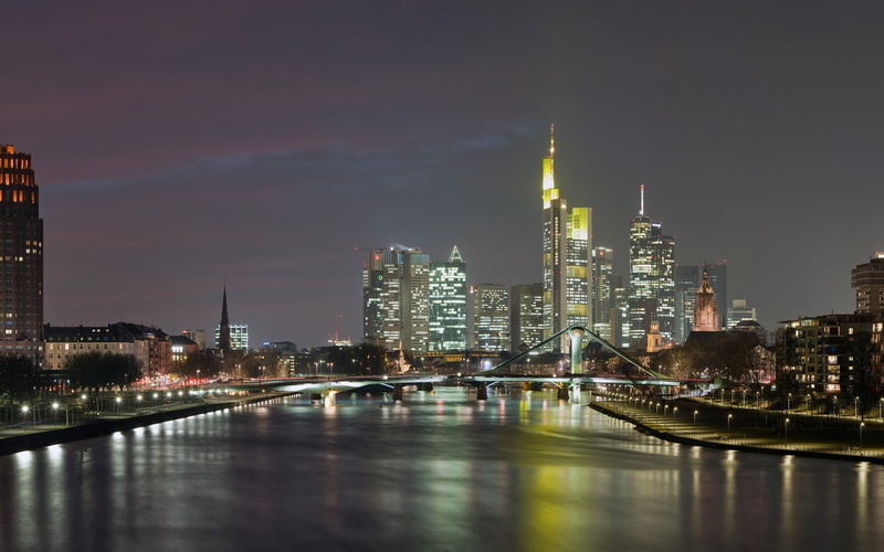 building exterior, spire, cityscape, Evening, Bridge, waterfront, city, financial district, built structure, illuminated, water, outdoors, tall - high