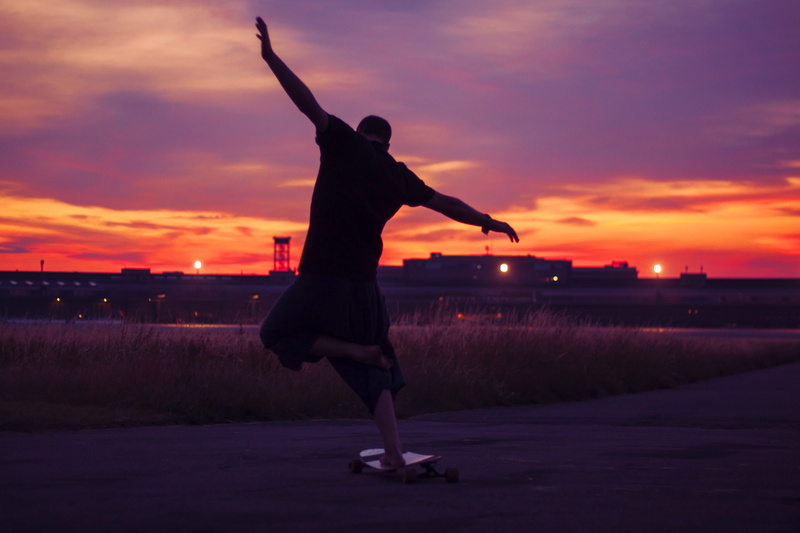 4K, longboard, outdoors, skill, balance, silhouette, human limb, real people, human arm, orange color, lifestyles, rear view, dance, nature, leg, berlin