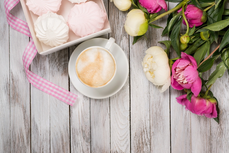 2K, marshmallows, valentine`s day, pink, romantic, flowers, peonies, buds, coffee