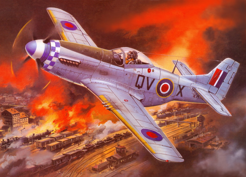 station, far, WW2, American, smoke, fire, the engine, action, radius, North, cars, art, train, building, 5K, figure, the sky, Mustang, fighter, P-51, warehouse