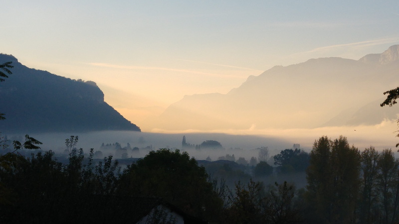 tree, sky, sun, landscape, france, tranquil scene, nature, radius, environment, travel, plant, sunset, mountain range, fog, hazy, 5K, outdoors, no people
