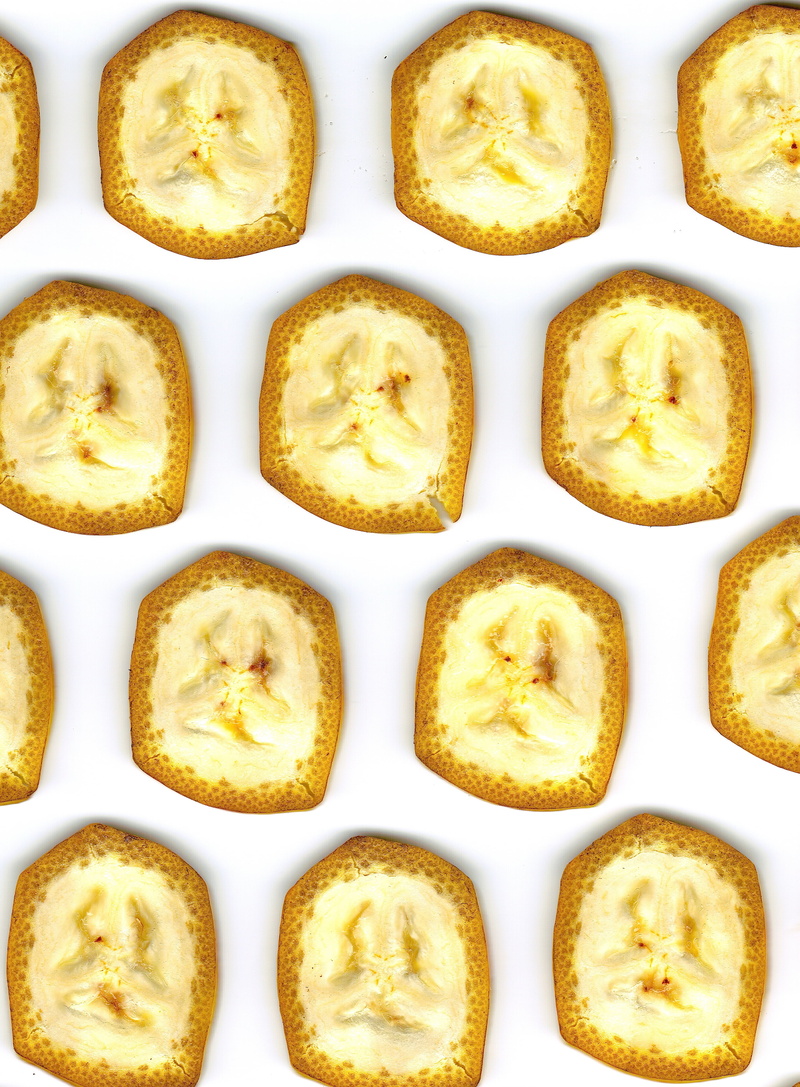 4K, close-up, indoors, banana, temptation, freshness, yellow, shell, fruit inside view, ready-to-eat, directly above, arrangement, fruit core, circle