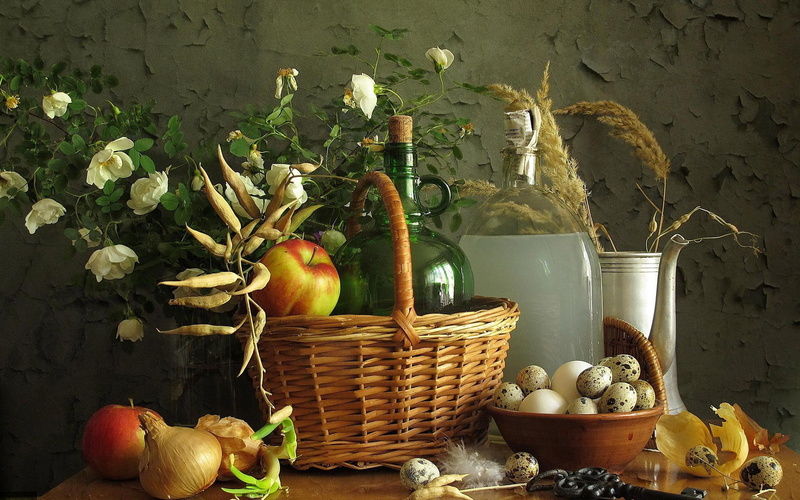 wine, jar, brown, basket, apple, 1080P, goods, floral, wicker, green, tinted, onion, 1920x1200, fruits, photography