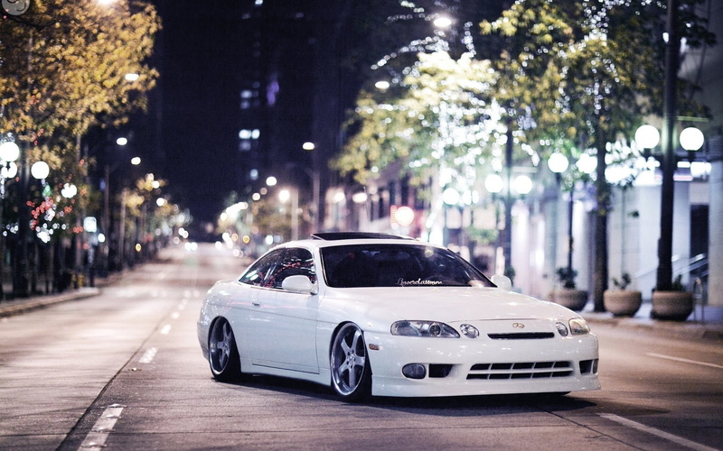 night, vehicles, wheels, roads, 1080P, tint, street, architecture, cars, lights, buildings, trees, sc400, auto, white, stance, tuning, lexus