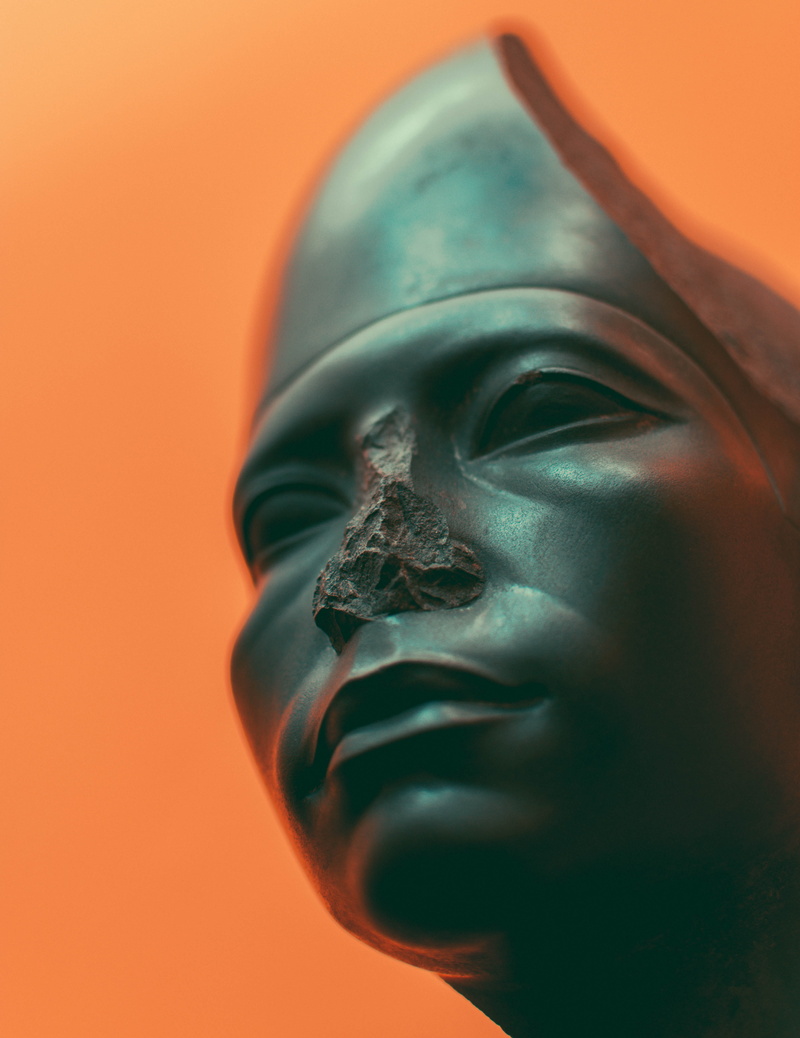 alien, tint, inanimate, angles, representation, colored background, indoors, inanimate object, focus, orange color, religion, human representation, blue tint