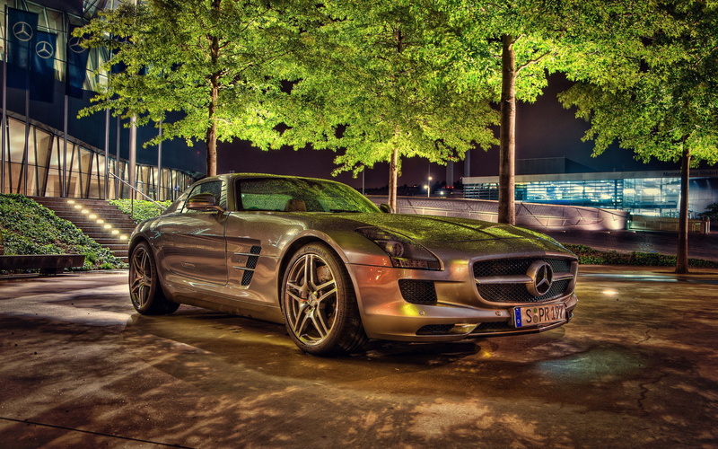 transportation, luxury, wheel, plant, tree, coupe, vintage, day, motor vehicle, benz, mode of transportation, architecture, nature, 2K, Mercedes-Benz SLR