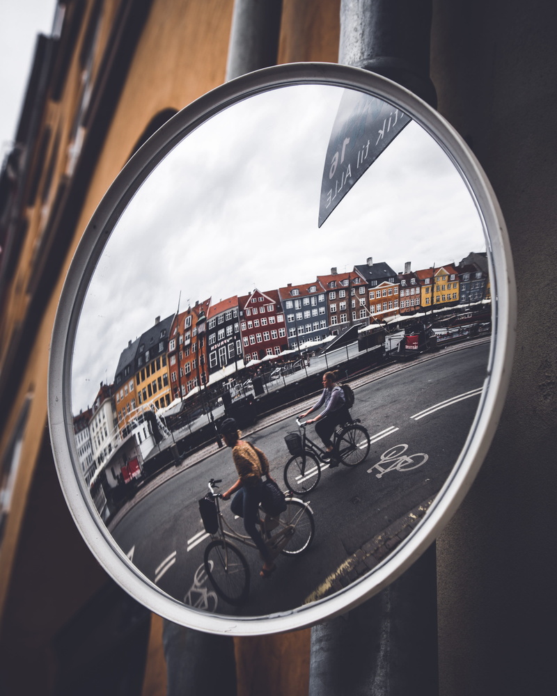 candid, road, two, cyclist, abstract, day, mirror, riding, city life, 4K, architecture, person, bicycle, bike, cycle, building exterior, reflection, urban
