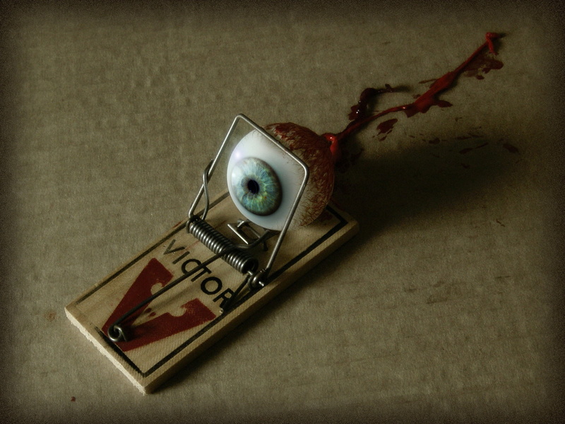 no people, 720P, mousetrap, connection, vignette, indoors, eyes, close-up, red, the past, history, textured effect, white, technology, metal, still life
