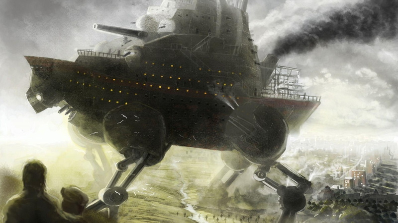 1920x1080, assault, painting, city, fantasy, steampunk, shape, canon, realism, 1080P, tank, boat, machine