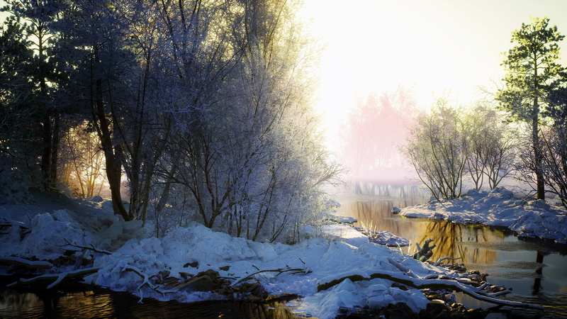 artwork, trees, snow, water, nature, overcast, sunlight, fantastic realism, winter, 2K, river, mist, landscape