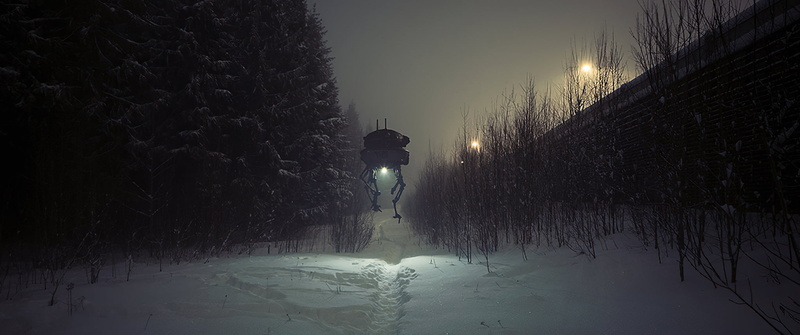 path, mist, trees, dark, robot, lights, 1080P, fantastic realism, Bushes, science fiction, artwork, night, wall, snow, winter