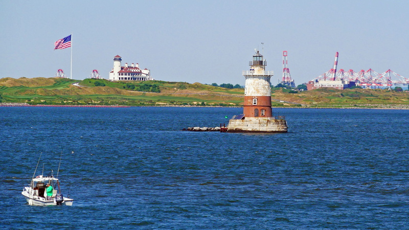 security, water, blue sky, cranes, sea, harbor, light house, nature, building exterior, new, outdoors, protection, bayonne golf club, transportation, new jersey lighthouse