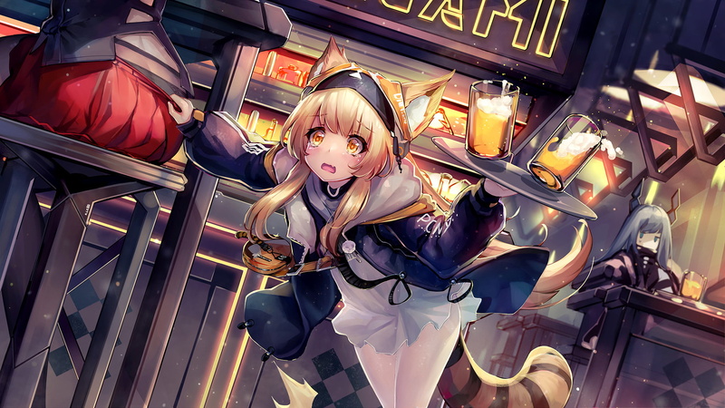 beer, drinking glass, digital art, anime girls, long hair, blonde, illustration, animal ears, 1080P, 2D, anime, jacket, tail, fantasy girl, dress, artwork