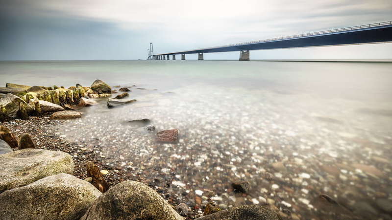 sea, beach, travel, DK, seashore, blue  bridge, bridge, landscape, a7, Nyborg, architecture, minimalistic, photography, Seascape, long exposure, Korsør
