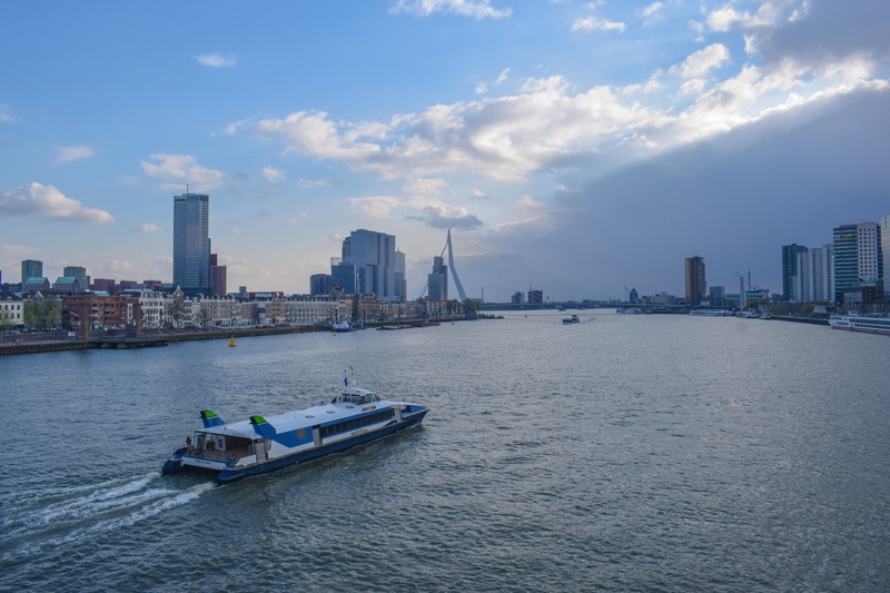 sky, cloud - sky, no people, outdoors, mode of transportation, river, erasmus bridge, 5K, rotterdam, financial district, new mesh, transportation, port