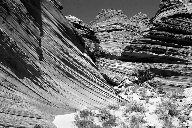 no people, tranquility, landscape, day, physical geography, scenics, black-and-white, solid, rock, arid climate, canyon, uSA, formation, desert, beauty in nature