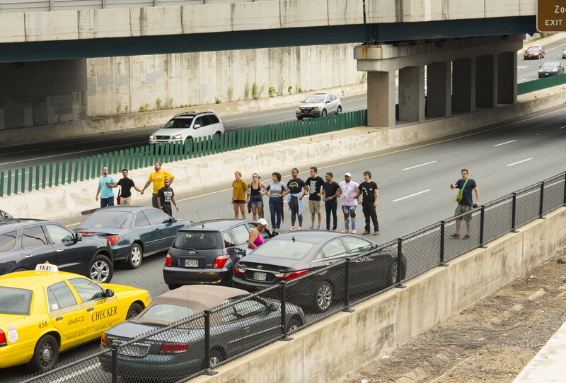 city, 4K, occupation, police, block, arrest, crowd, group of people, protest, interstate, architecture, building exterior, outdoors, signs, street, old