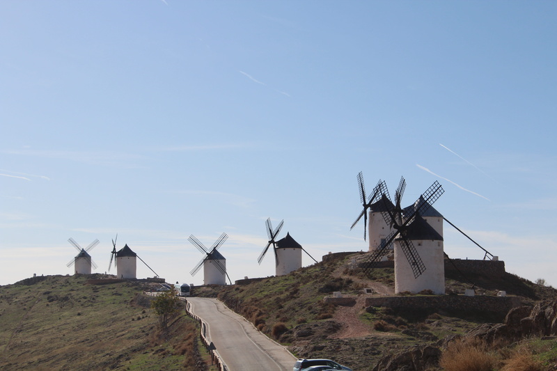 traditional windmill, wind turbine, landscape, road, alternative energy, fuel and power generation, outdoors, don quixote, blue, clear sky, environment