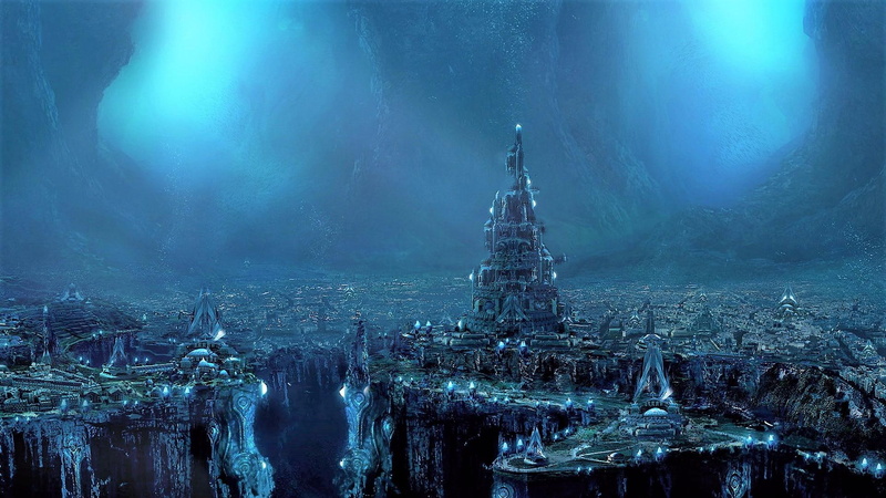 darkness, underground world, blue, fantasy city, sky, fantasy world, world, city, atlantis, underwater, 1080P, digital art, cityscape, night, fantasy art