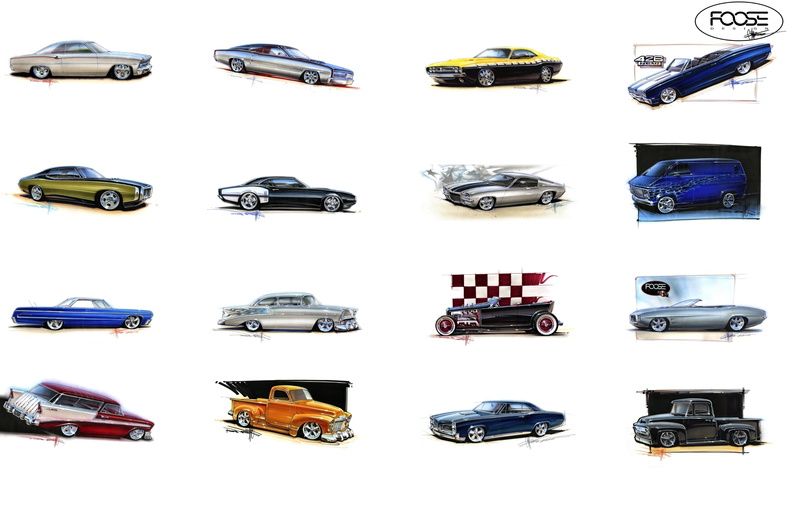 Chip Foose, indoors, isolated, multi colored, variation, in a row, still life, sports Car, domestic Car, red, cut out, set, mode of transportation, excise
