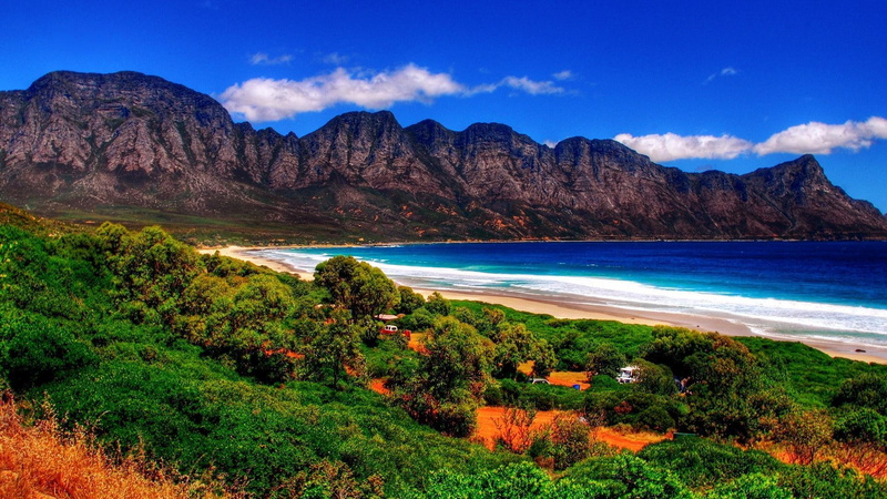 beatiful mountain and sea, 1080P, beach, mountains, 3d and abstract, beautiful, ocean, blue sky, sea, relaxing time