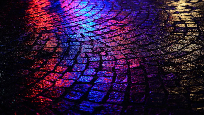light, pavement, night, beatiful, sidewalk, colors, dark, blocks, 1080P, city, street