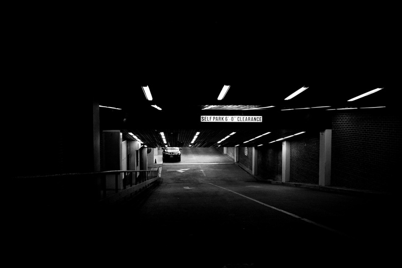 parking lot, 4K, underground garage, parking, car, black and white, vehicle, dark