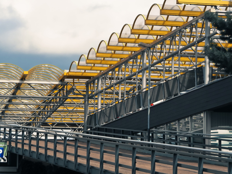düsseldorf, railing, staircase, cloud - sky, facade, yellow, outdoors, glass, building exterior, transportation, sky, futuristic, architecture, foot, driveway